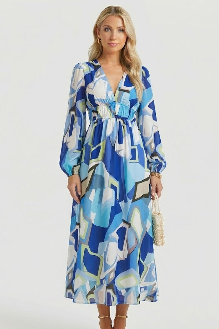 Robe longue femme imprimé aquarelle col V manches bouffantes taille empire fluide élégante