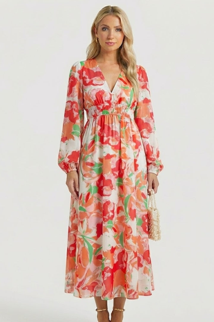 Robe longue femme imprimé aquarelle col V manches bouffantes taille empire fluide élégante