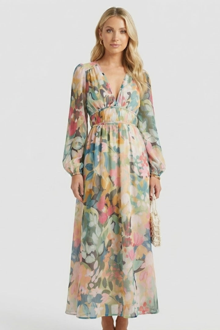 Robe longue femme imprimé aquarelle col V manches bouffantes taille empire fluide élégante