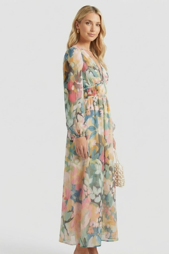 Robe longue femme imprimé aquarelle col V manches bouffantes taille empire fluide élégante