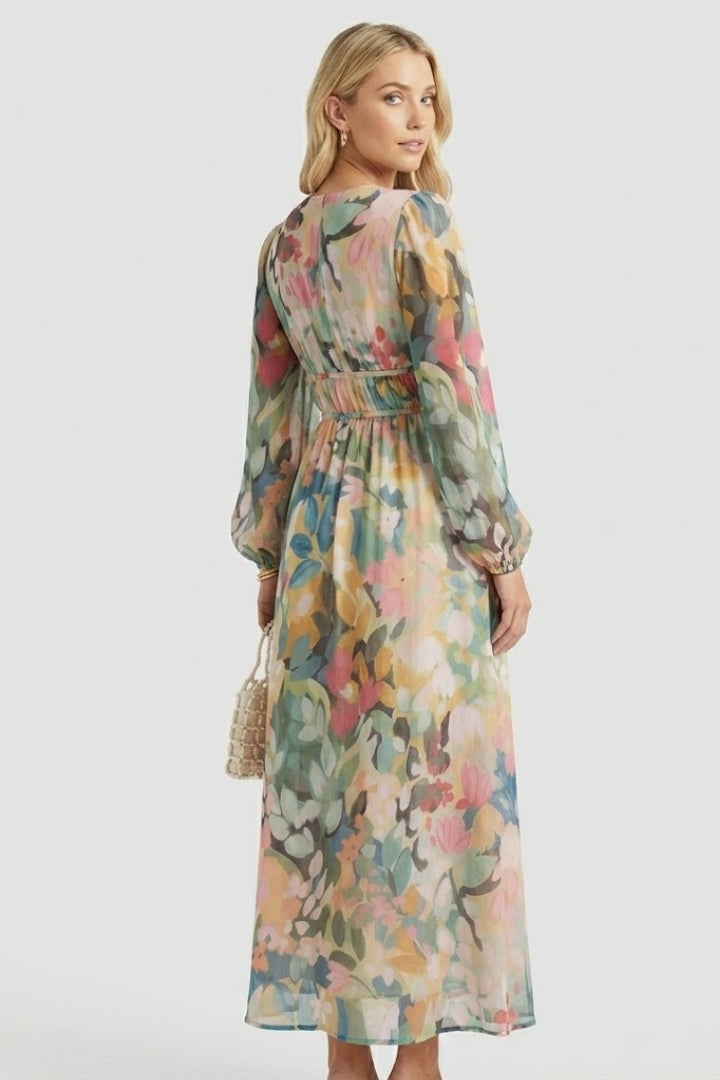 Robe longue femme imprimé aquarelle col V manches bouffantes taille empire fluide élégante
