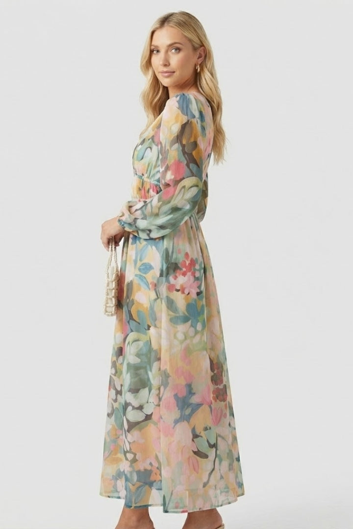 Robe longue femme imprimé aquarelle col V manches bouffantes taille empire fluide élégante