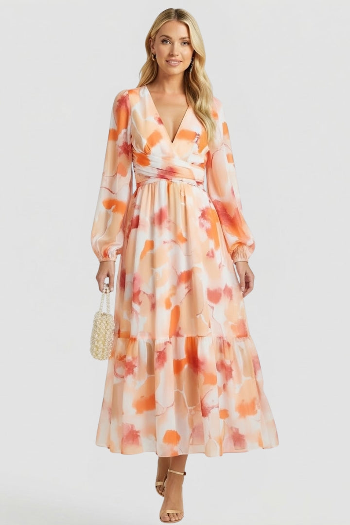 Robe longue femme imprimé aquarelle col V manches bouffantes taille empire fluide élégante