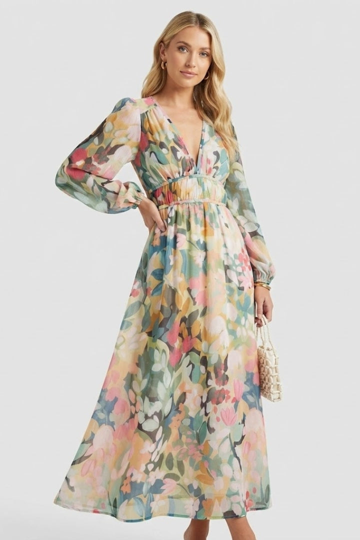Robe longue femme imprimé aquarelle col V manches bouffantes taille empire fluide élégante