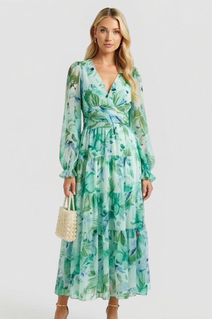 Robe longue femme imprimé aquarelle col V manches bouffantes taille empire fluide élégante