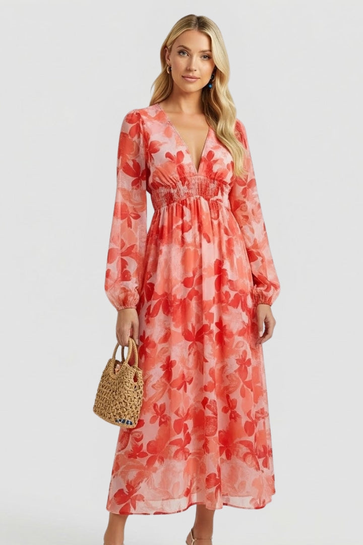 Robe longue femme imprimé aquarelle col V manches bouffantes taille empire fluide élégante