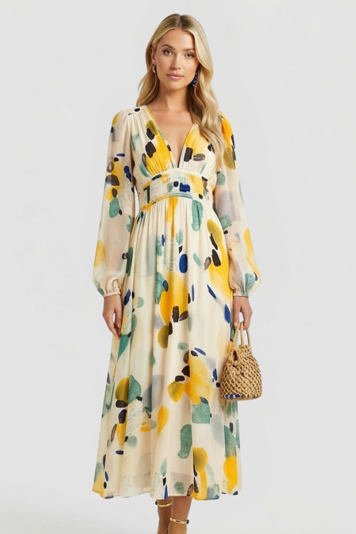 Robe longue femme imprimé aquarelle col V manches bouffantes taille empire fluide élégante