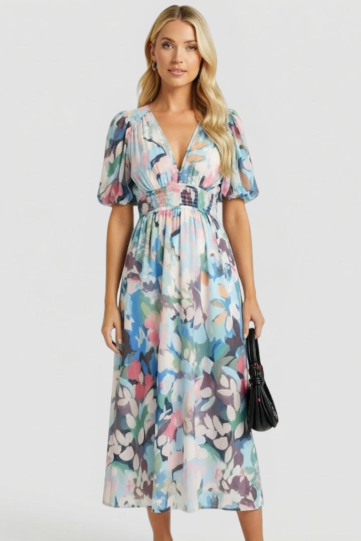 Robe longue femme imprimé aquarelle col V manches bouffantes taille empire fluide élégante