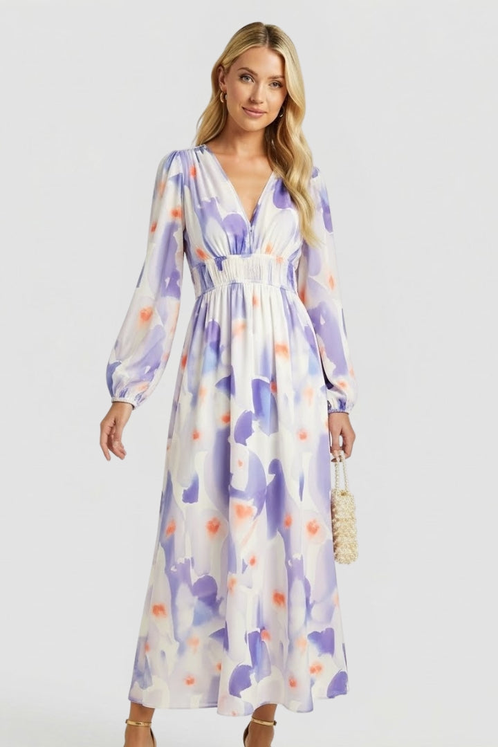 Robe longue femme imprimé aquarelle col V manches bouffantes taille empire fluide élégante