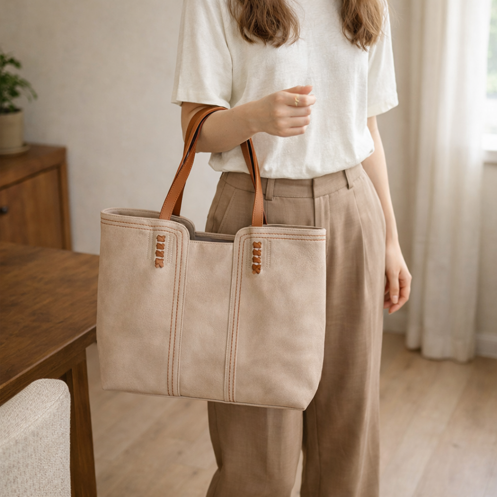 Sac cabas femme cuir synthétique grand format porté épaule tote structuré anses contrastées