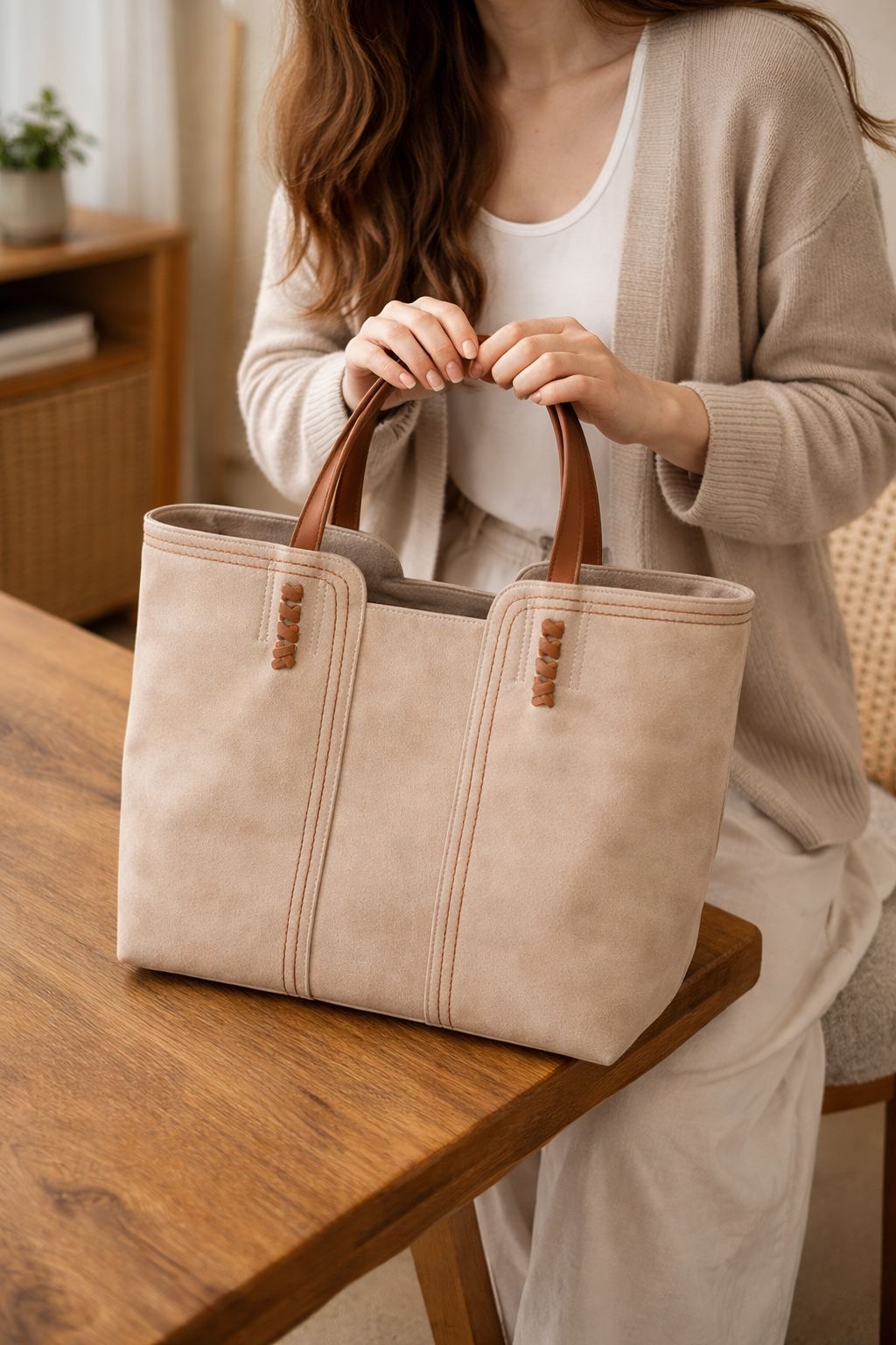 Sac cabas femme cuir synthétique grand format porté épaule tote structuré anses contrastées