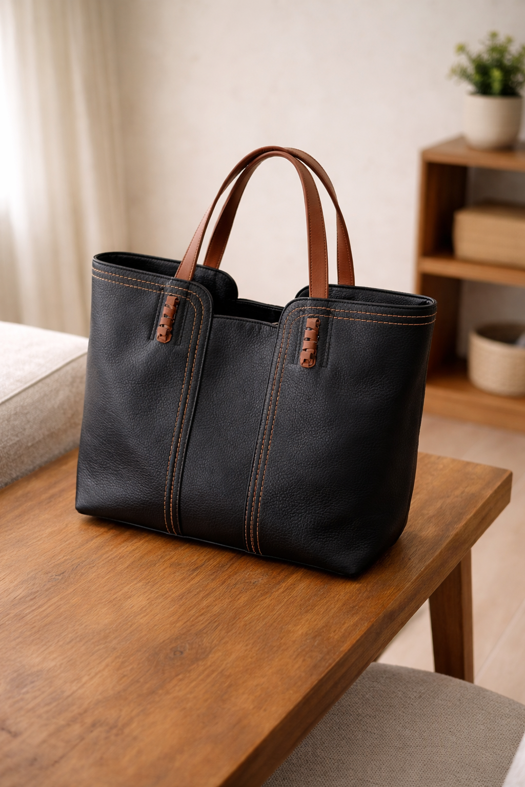 Sac cabas femme cuir synthétique grand format porté épaule tote structuré anses contrastées