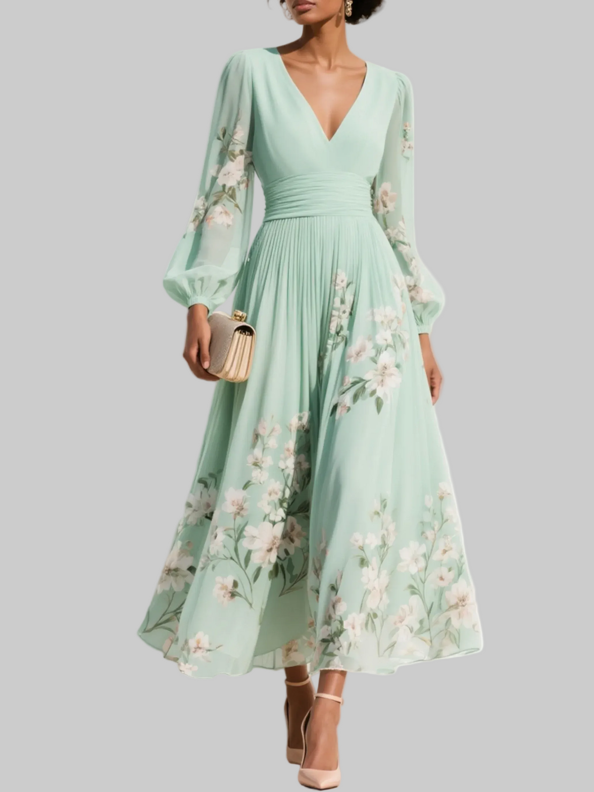 Robe midi invitée mariage fleurie col V manches longues plissée