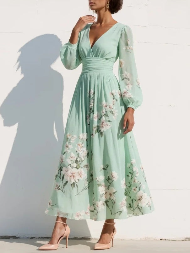 Robe midi invitée mariage fleurie col V manches longues plissée
