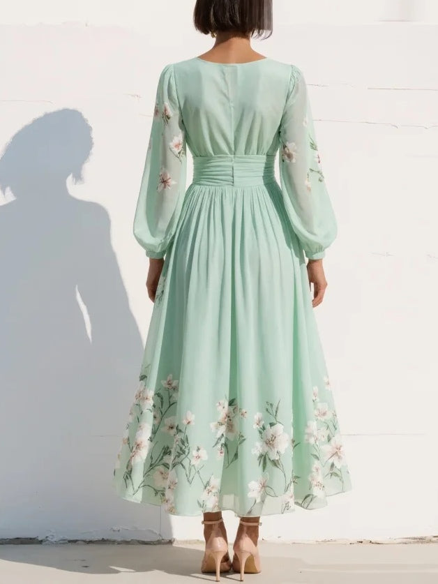 Robe midi invitée mariage fleurie col V manches longues plissée