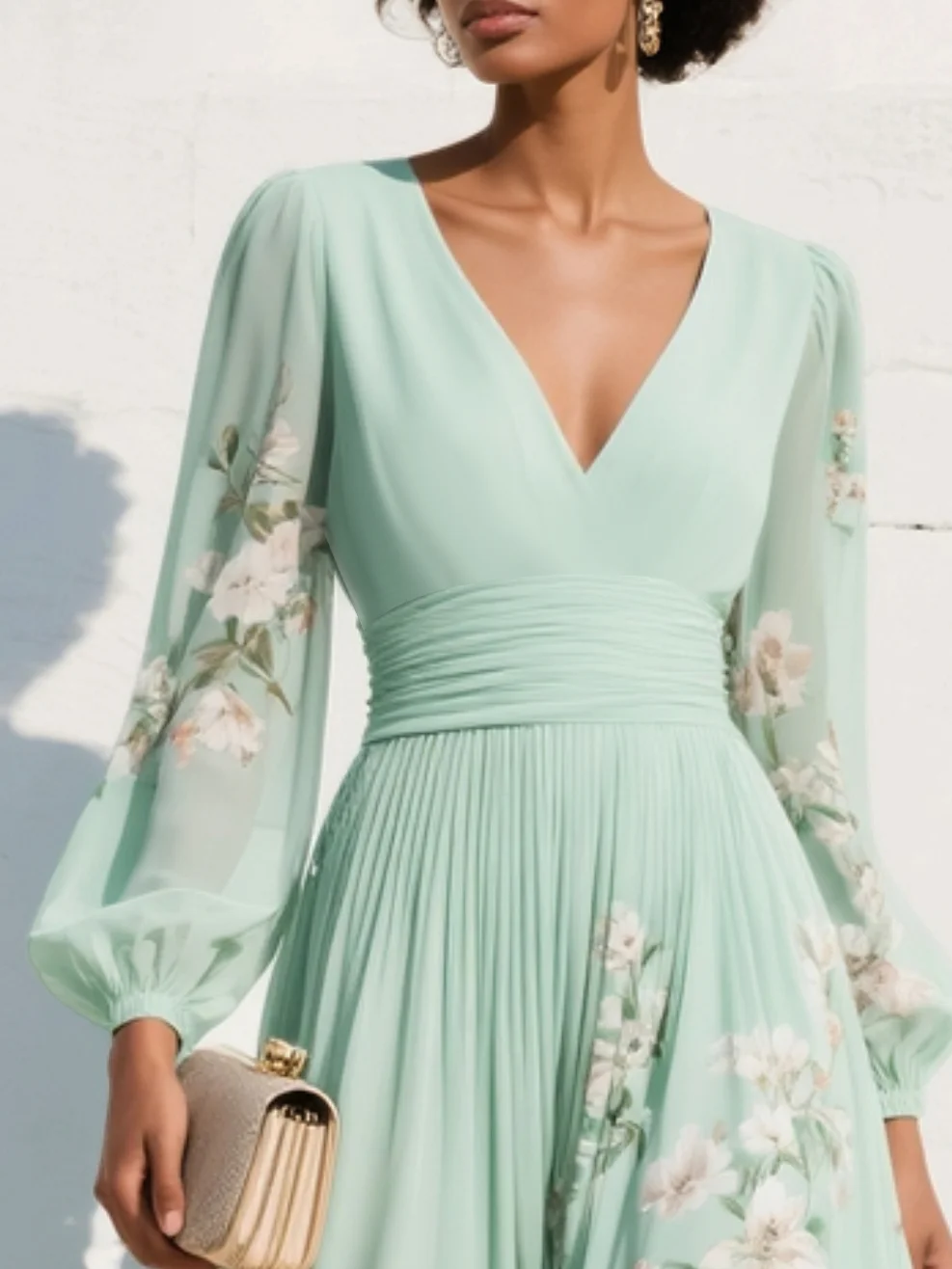 Robe midi invitée mariage fleurie col V manches longues plissée