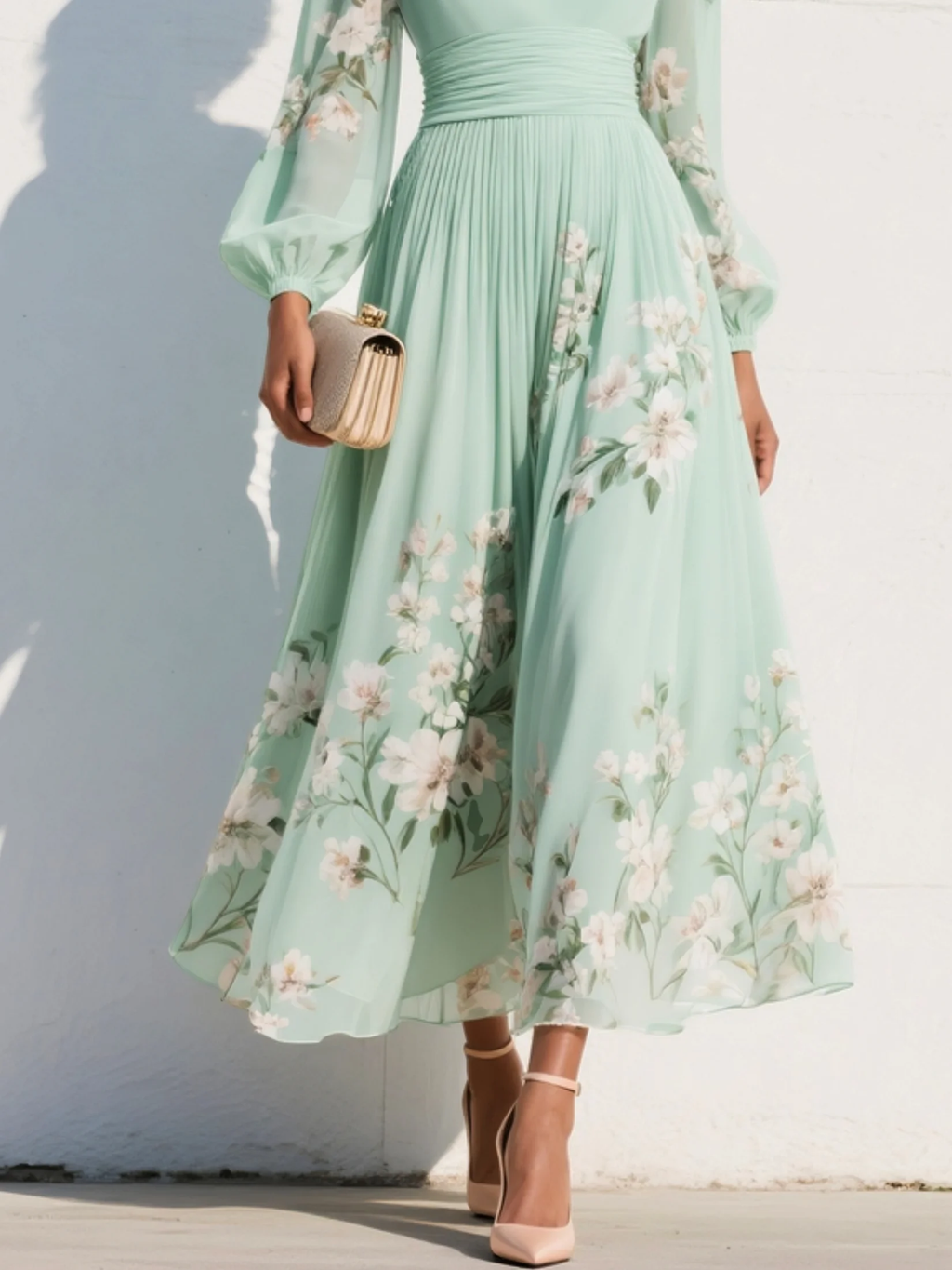 Robe midi invitée mariage fleurie col V manches longues plissée