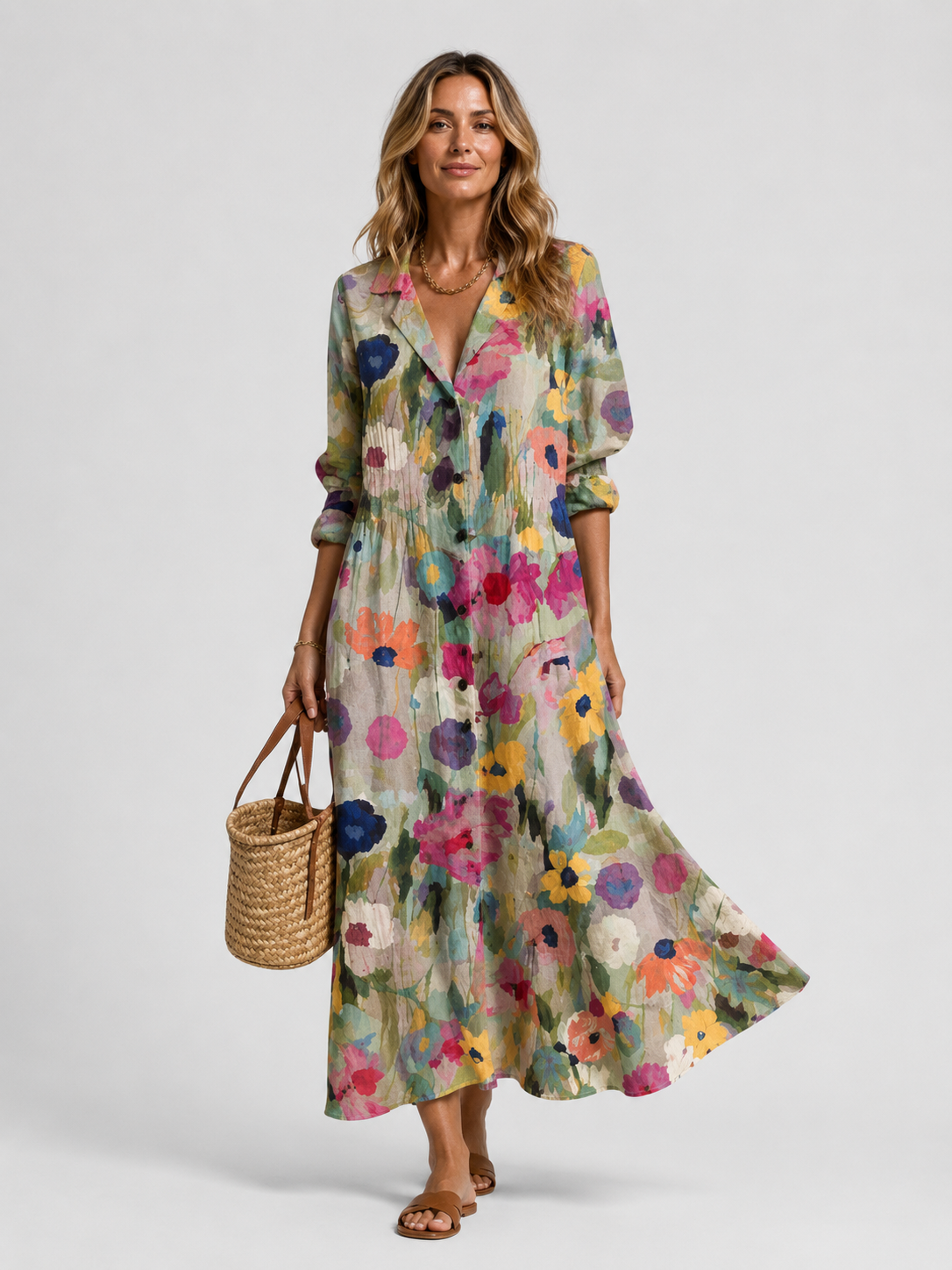 Robe longue femme imprimé feuillage col chemise boutonnée manches 3/4 fluide