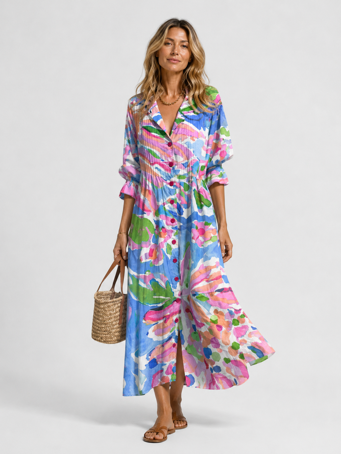 Robe longue femme imprimé feuillage col chemise boutonnée manches 3/4 fluide