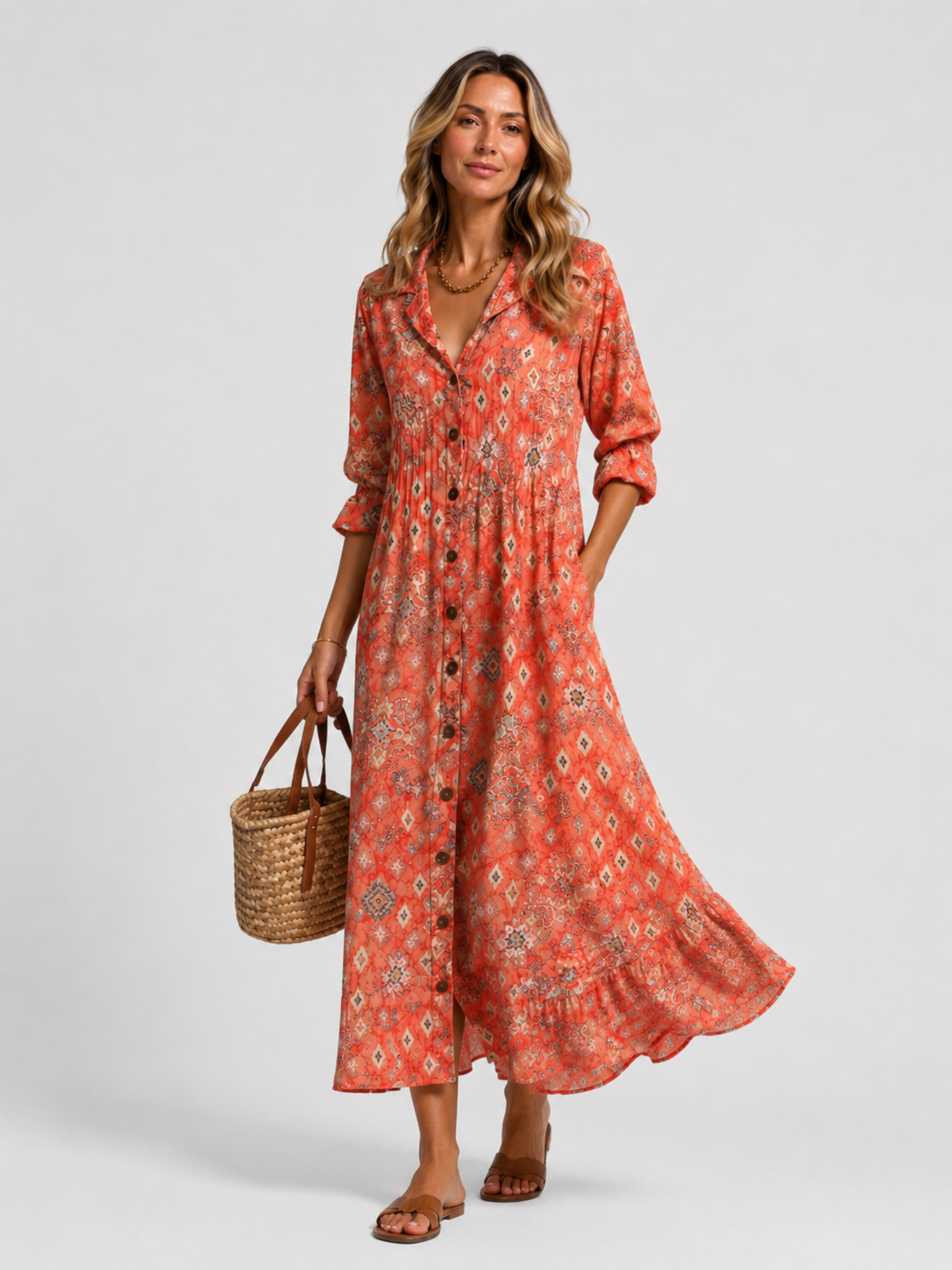 Robe longue femme imprimé feuillage col chemise boutonnée manches 3/4 fluide
