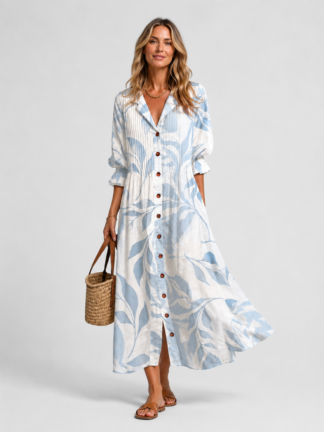 Robe longue femme imprimé feuillage col chemise boutonnée manches 3/4 fluide