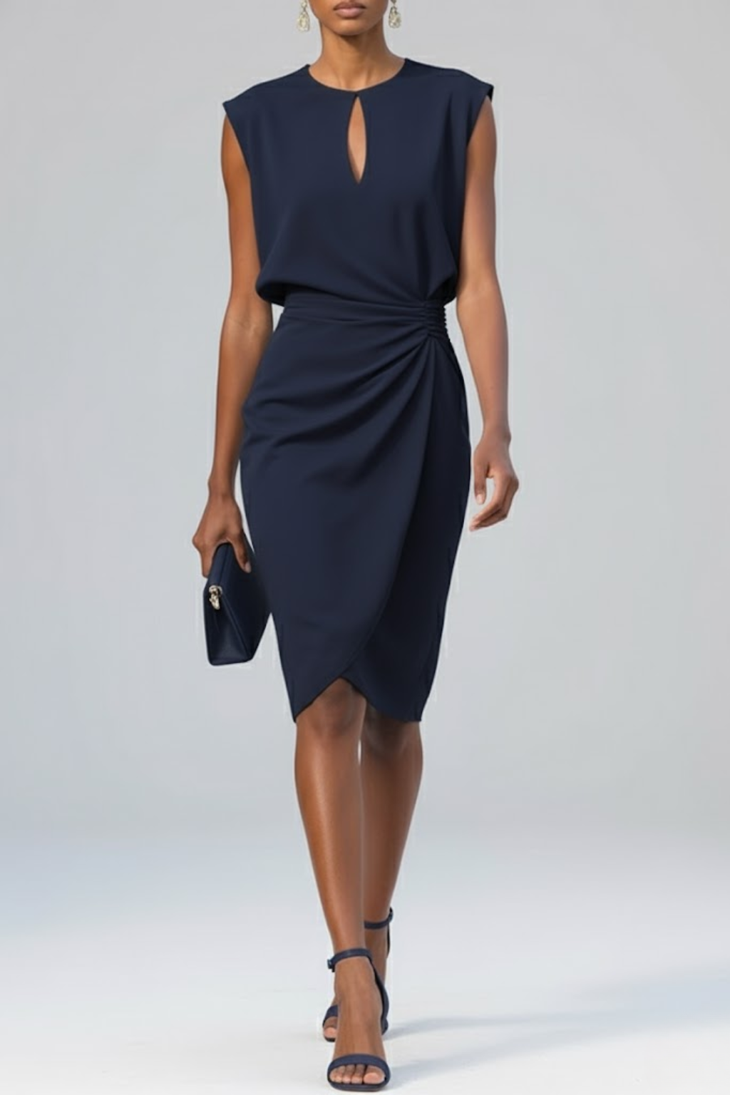 Robe cocktail midi femme col goutte sans manches taille froncée invitée mariage