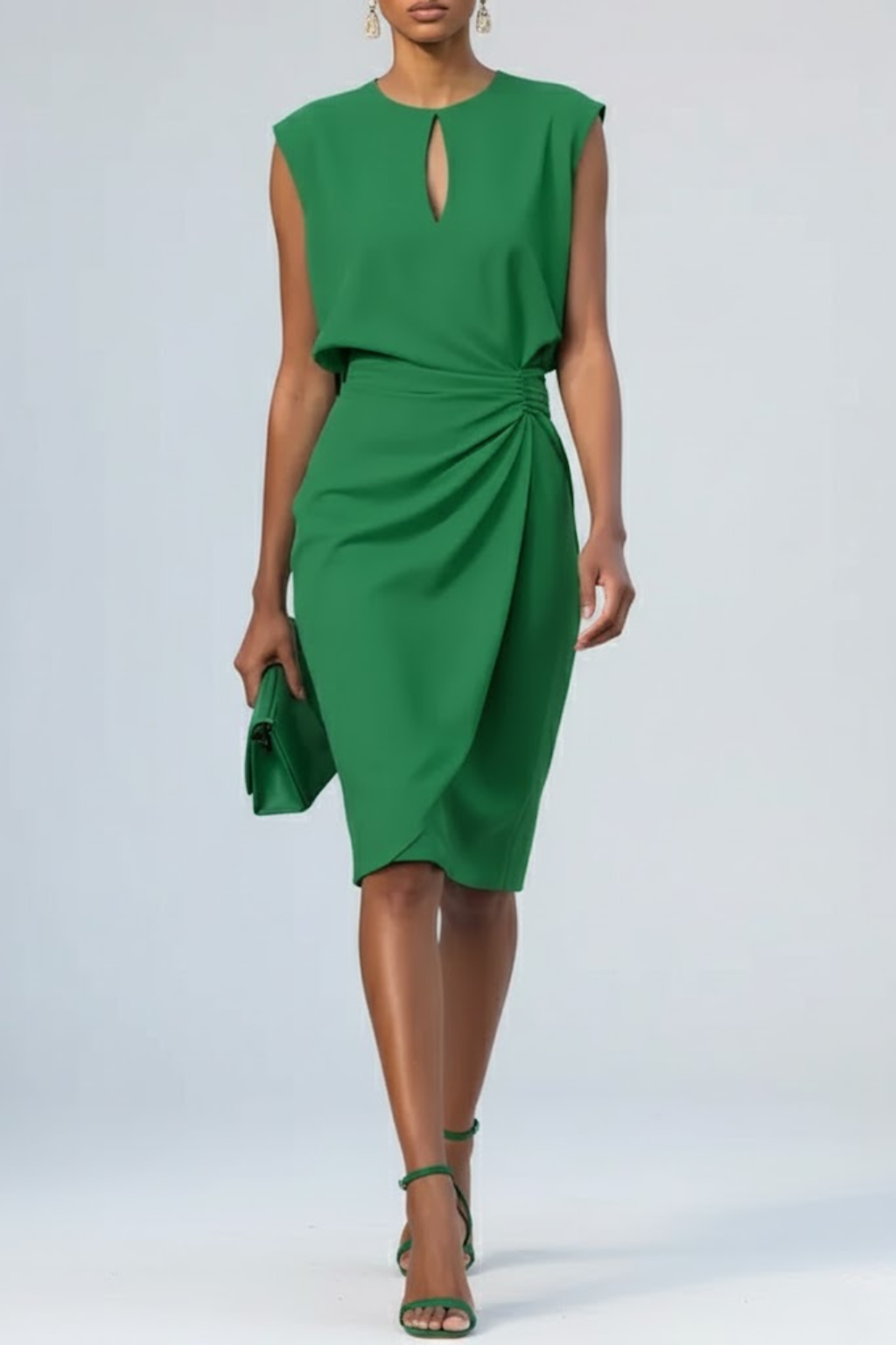 Robe cocktail midi femme col goutte sans manches taille froncée invitée mariage