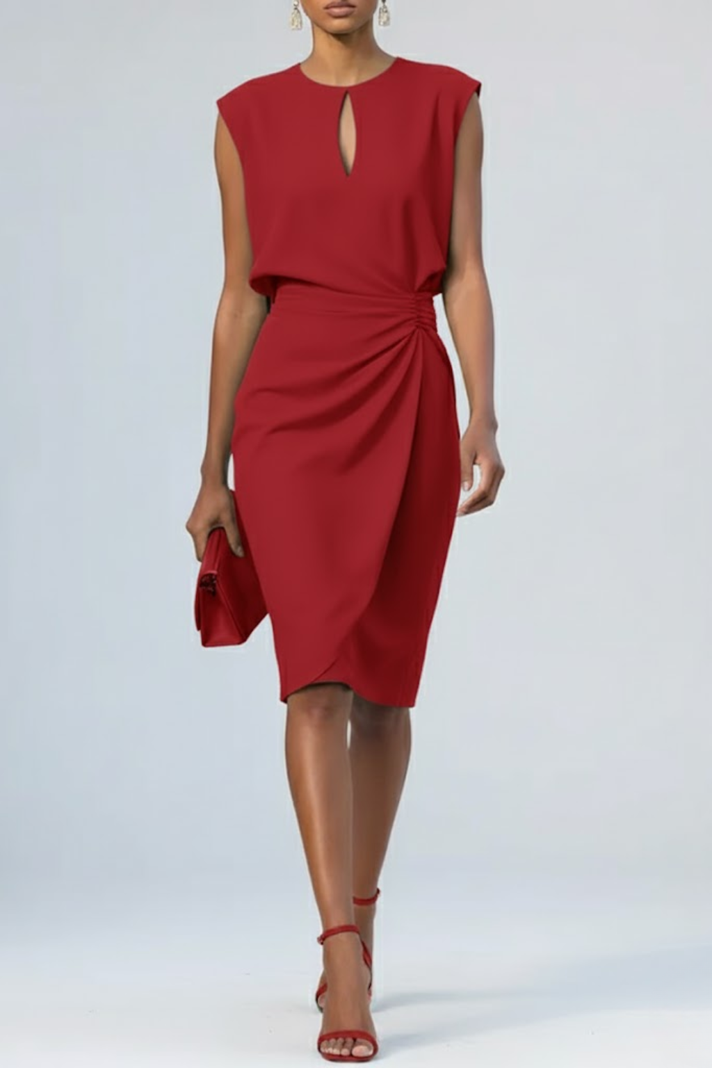Robe cocktail midi femme col goutte sans manches taille froncée invitée mariage