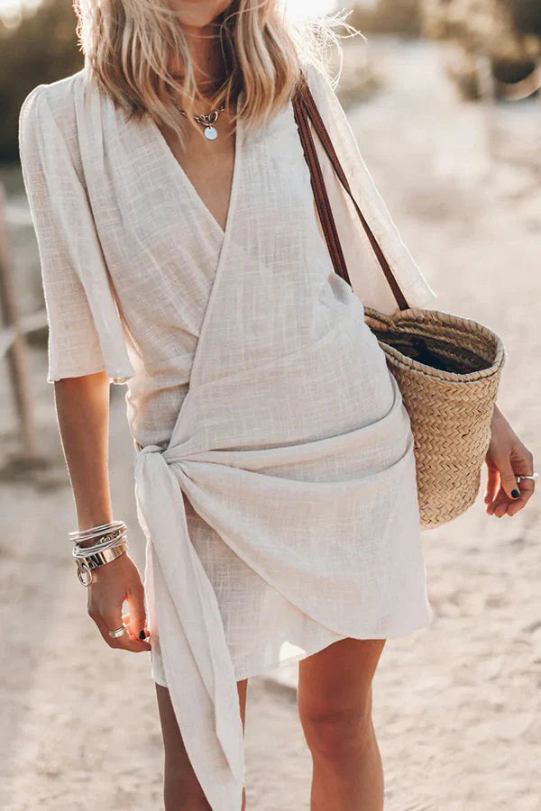 Robe portefeuille femme courte col V manches 3/4 ceinture nouée été plage
