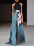 Robe longue invitée mariage dos nu fleurs fente col halter