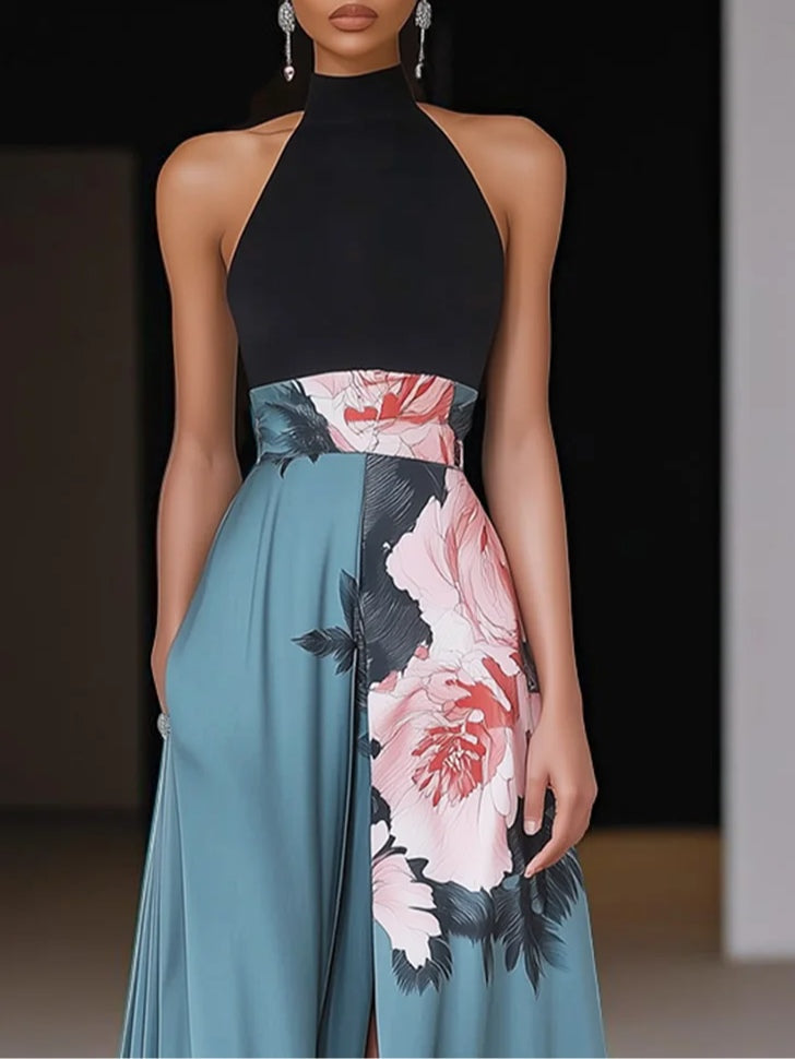 Robe longue invitée mariage dos nu fleurs fente col halter