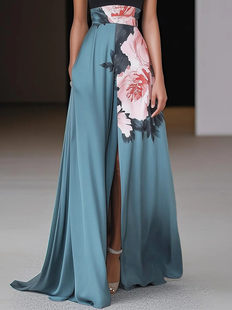 Robe longue invitée mariage dos nu fleurs fente col halter