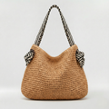 Sac hobo femme paille tressée raffia anses tissu rayé nouées porté épaule