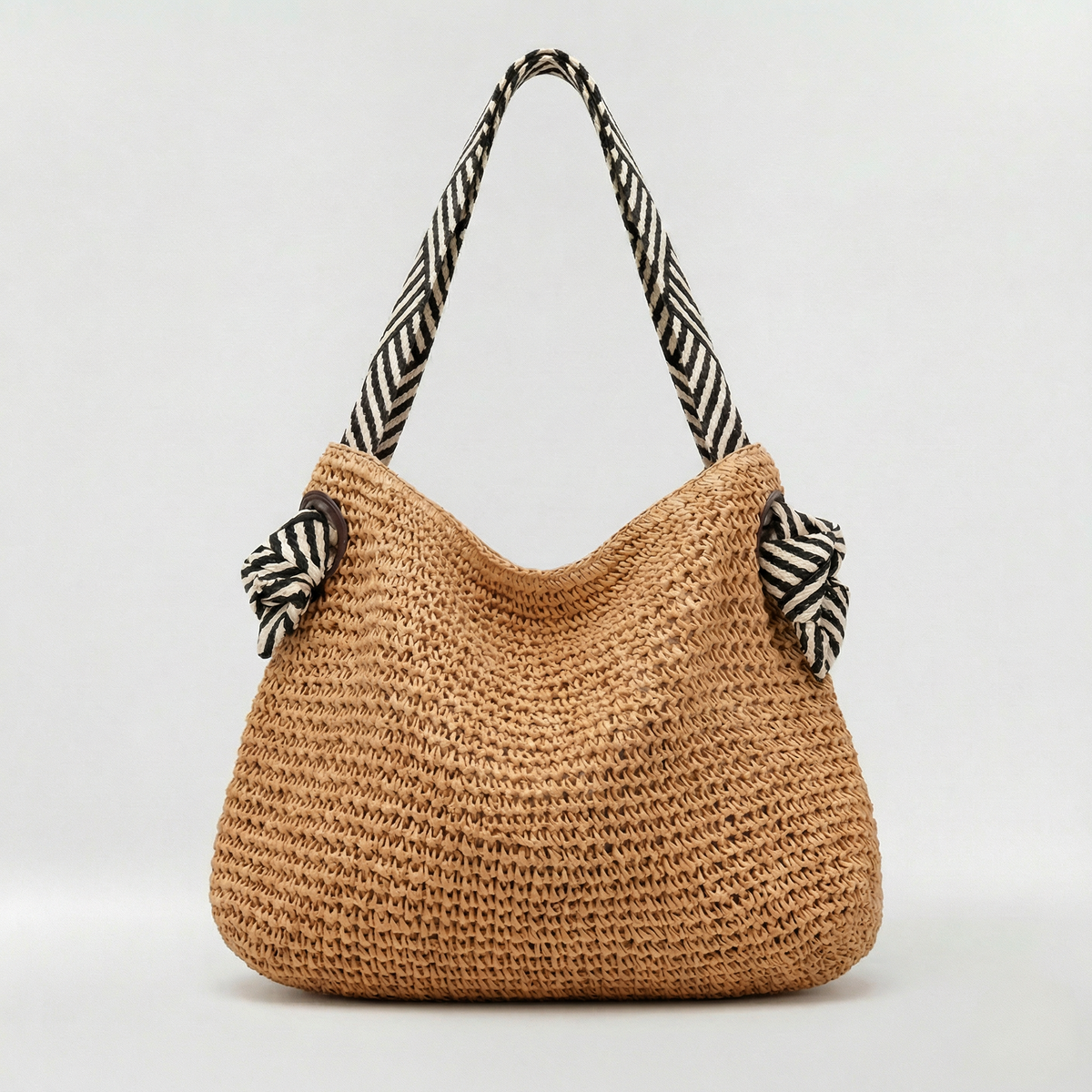 Sac hobo femme paille tressée raffia anses tissu rayé nouées porté épaule