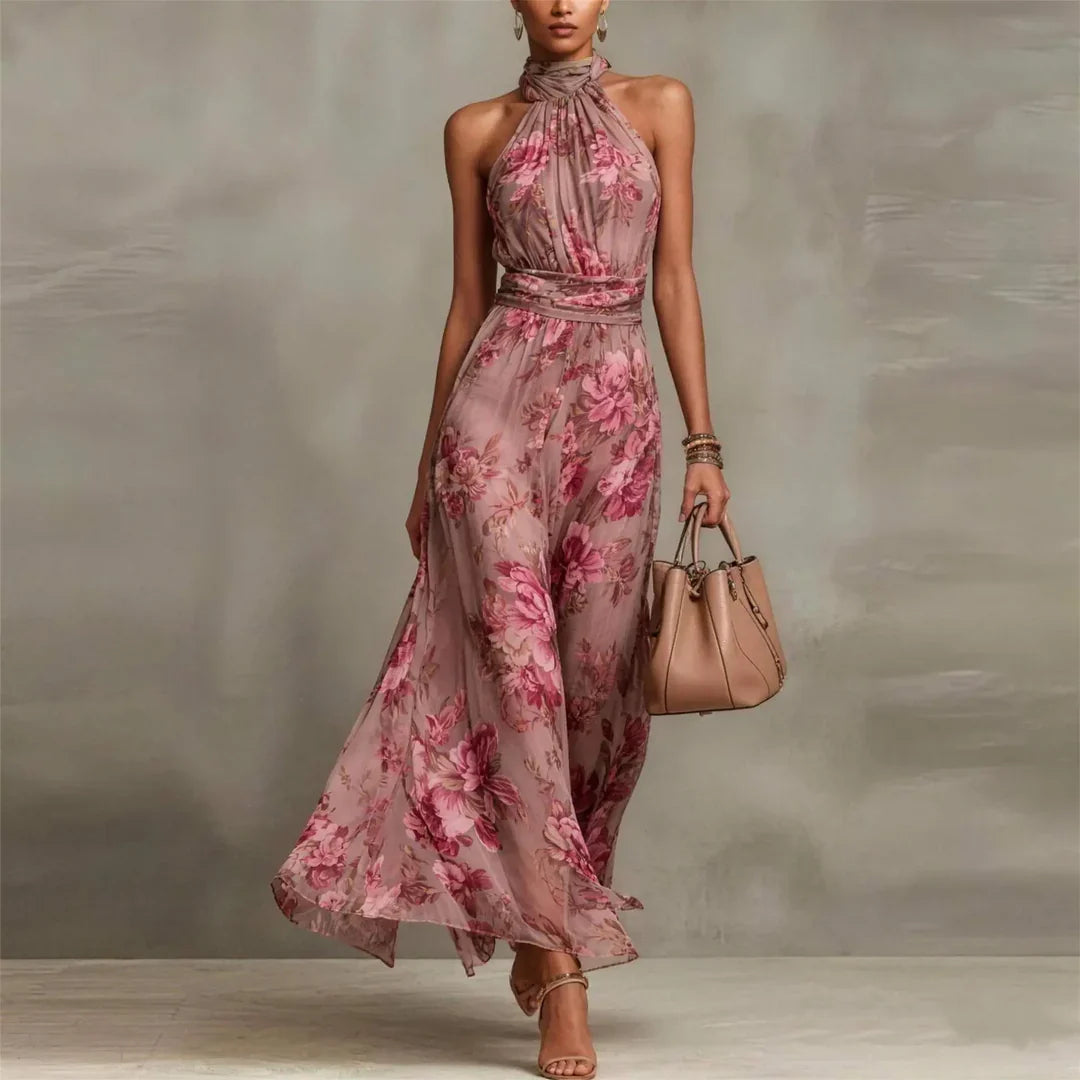 Robe longue invitée mariage fleurie dos nu col halter fluide