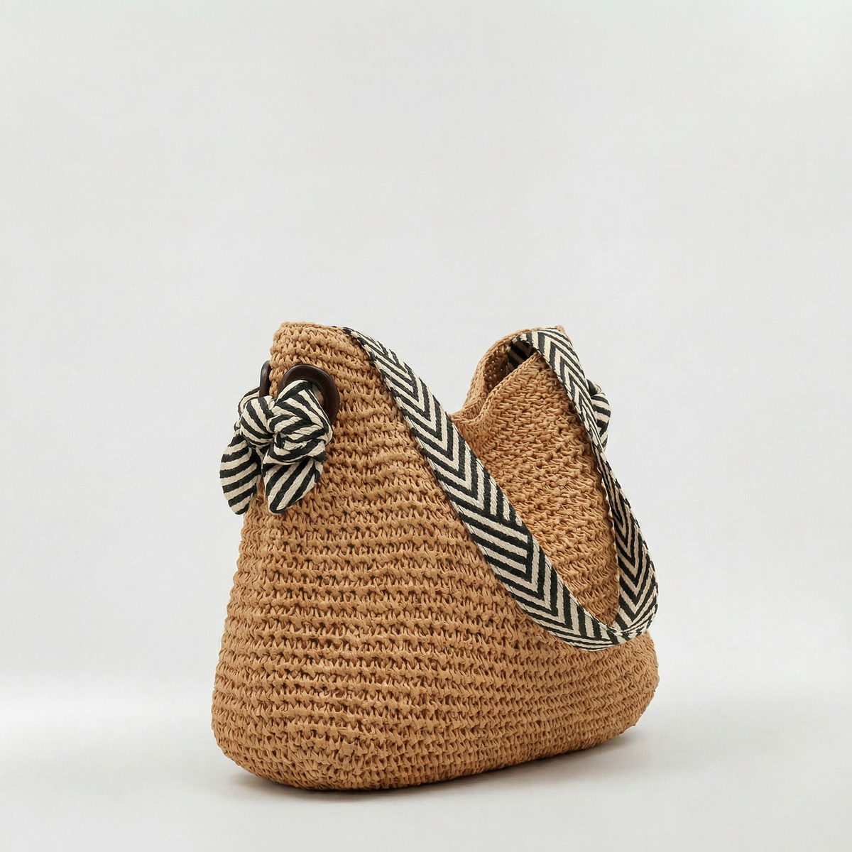 Sac hobo femme paille tressée raffia anses tissu rayé nouées porté épaule