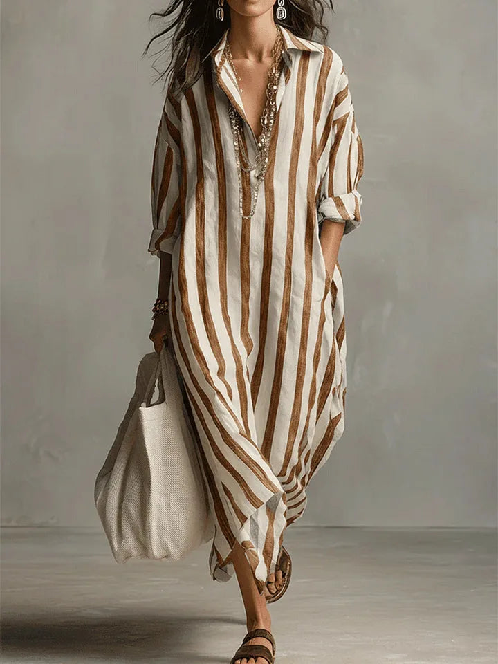 Robe chemise longue femme imprimé rayé col chemise manches longues coupe oversize