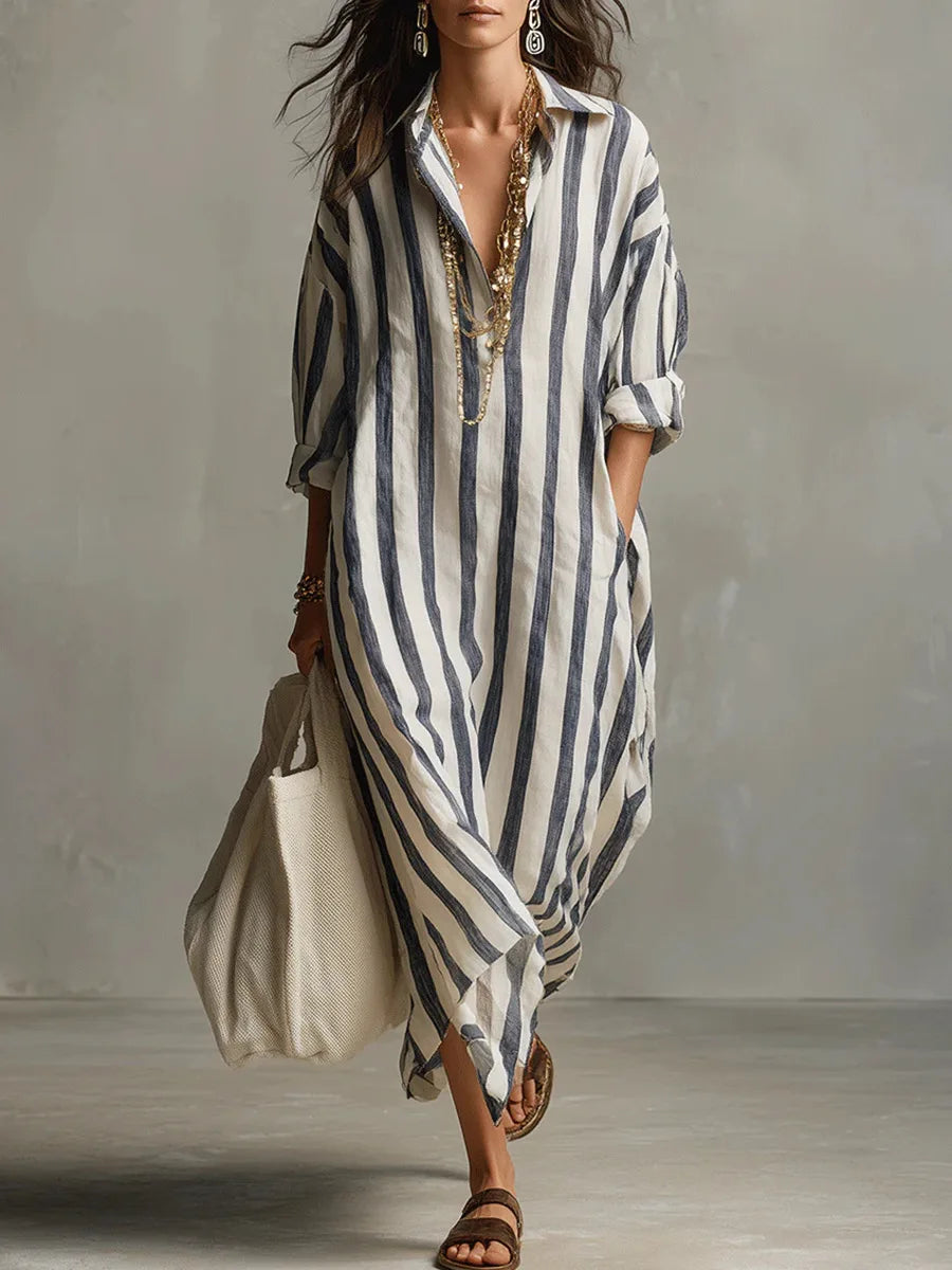 Robe chemise longue femme imprimé rayé col chemise manches longues coupe oversize