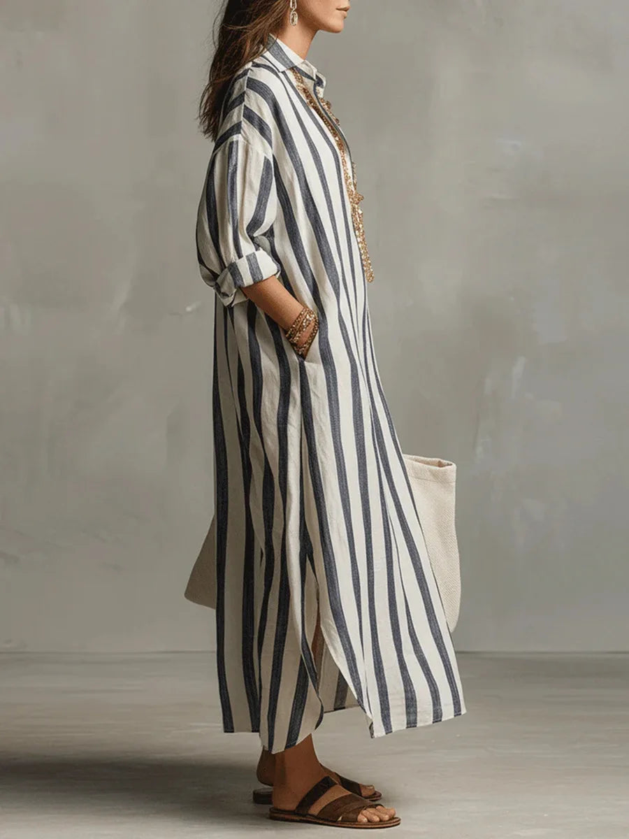 Robe chemise longue femme imprimé rayé col chemise manches longues coupe oversize
