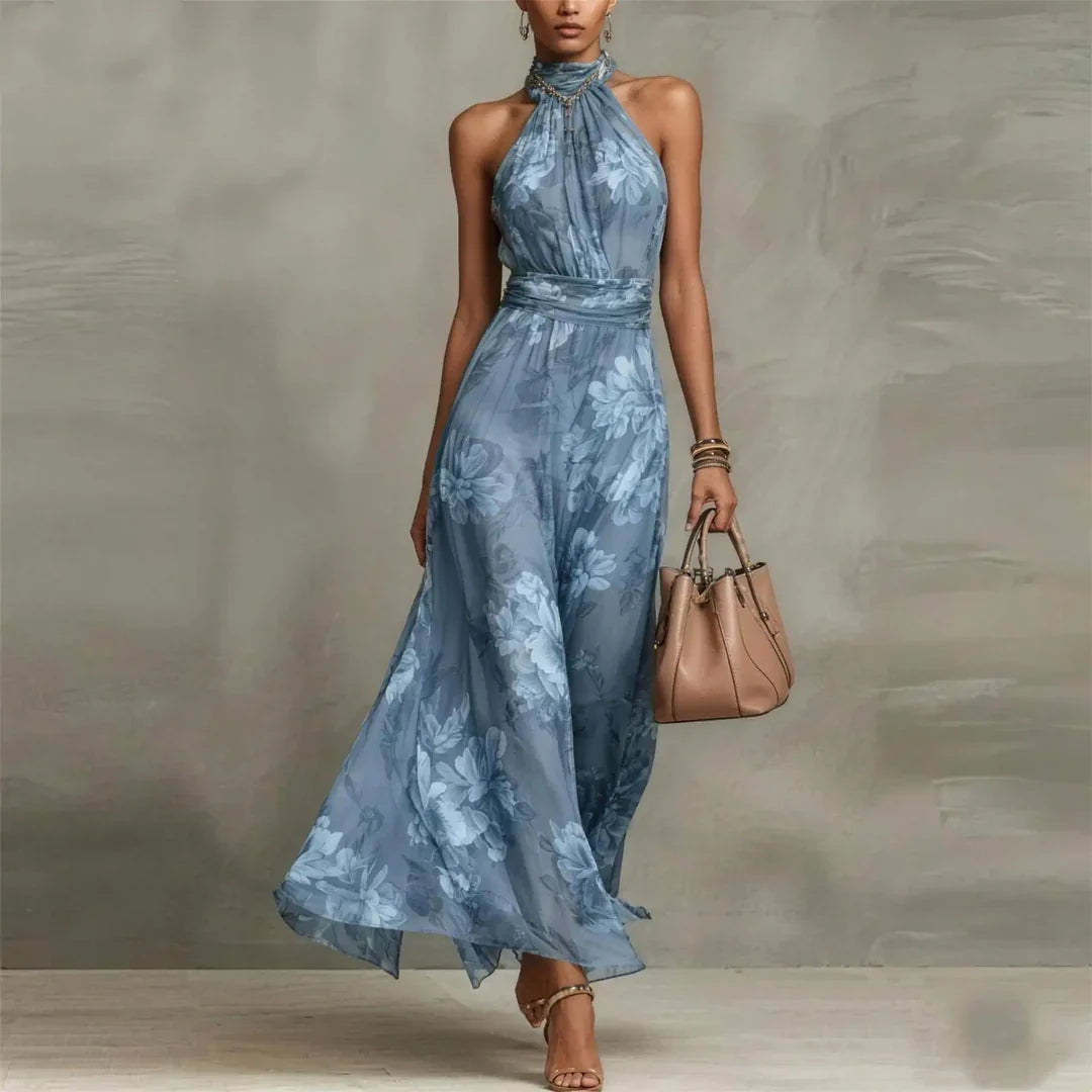 Robe longue invitée mariage fleurie dos nu col halter fluide