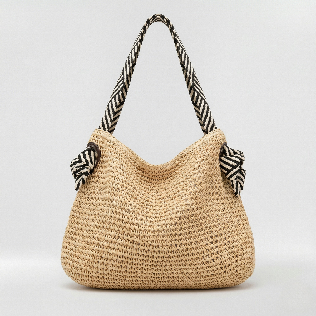 Sac hobo femme paille tressée raffia anses tissu rayé nouées porté épaule