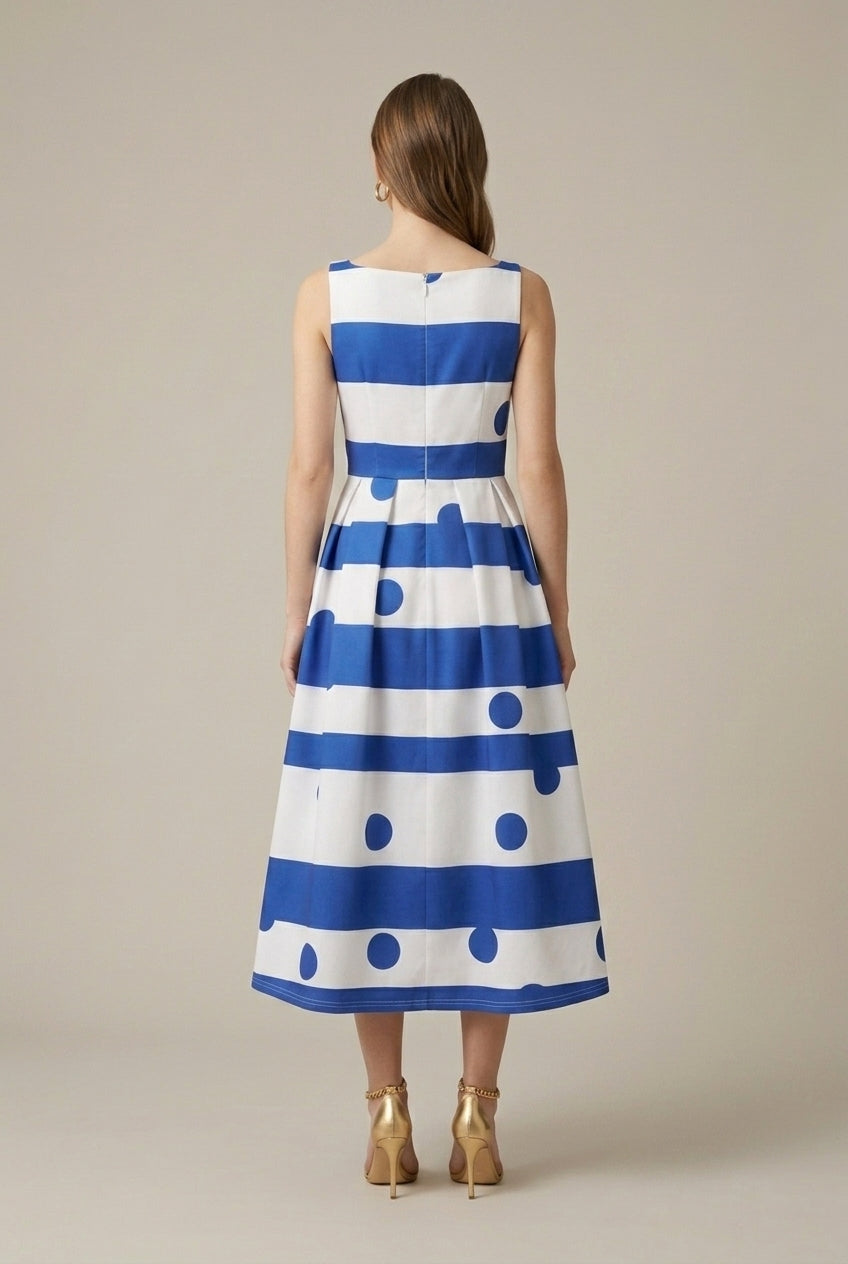 Robe midi femme à bretelles col carré imprimé rayé et pois plissée