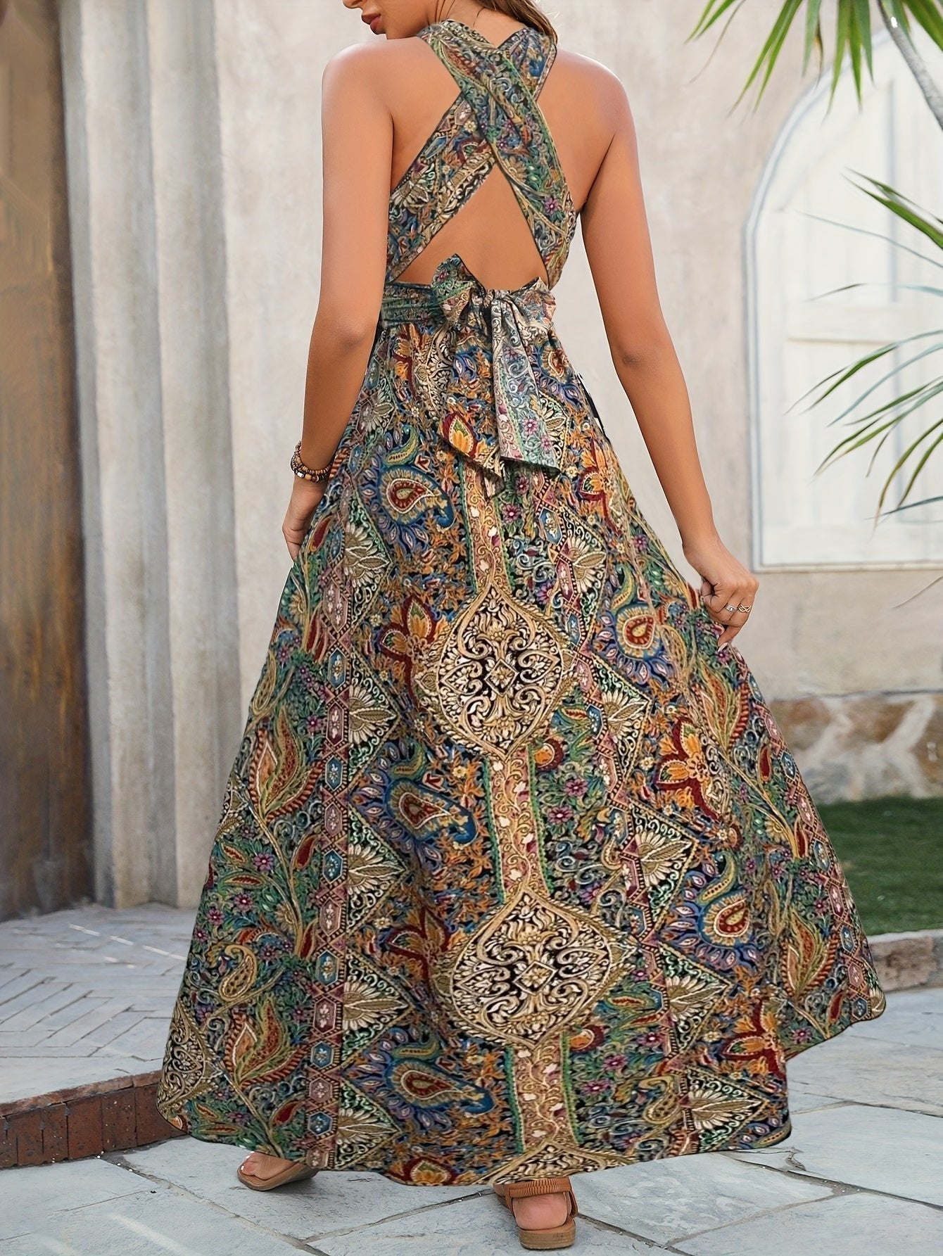 Robe longue bohème femme imprimé cachemire dos nu avec col halter fendu