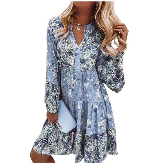 Robe bohème femme imprimé floral avec col V et manches longues volantées