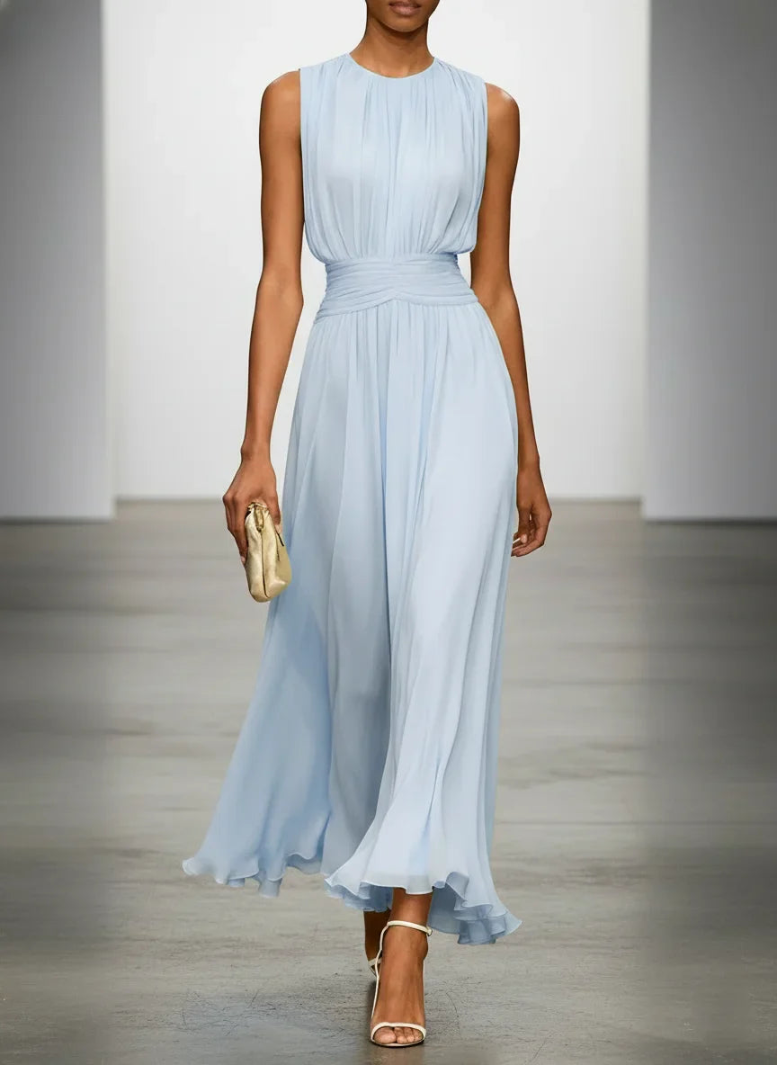 Robe longue mousseline sans manches col rond invitée mariage