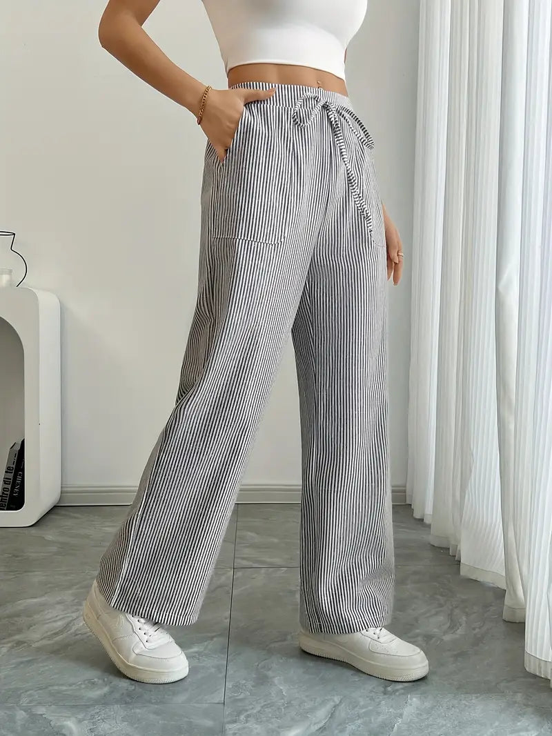 Pantalon large femme imprimé rayures taille élastique cordon poches fluide