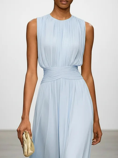 Robe longue mousseline sans manches col rond invitée mariage