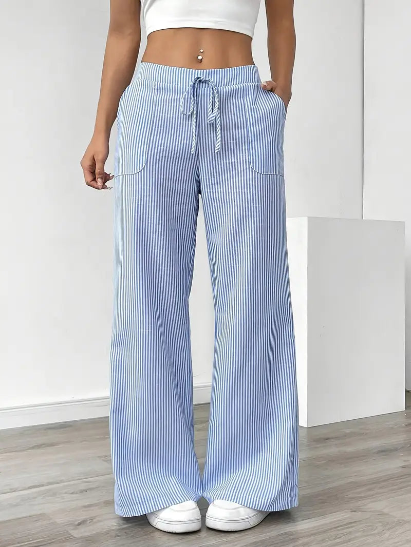 Pantalon large femme imprimé rayures taille élastique cordon poches fluide