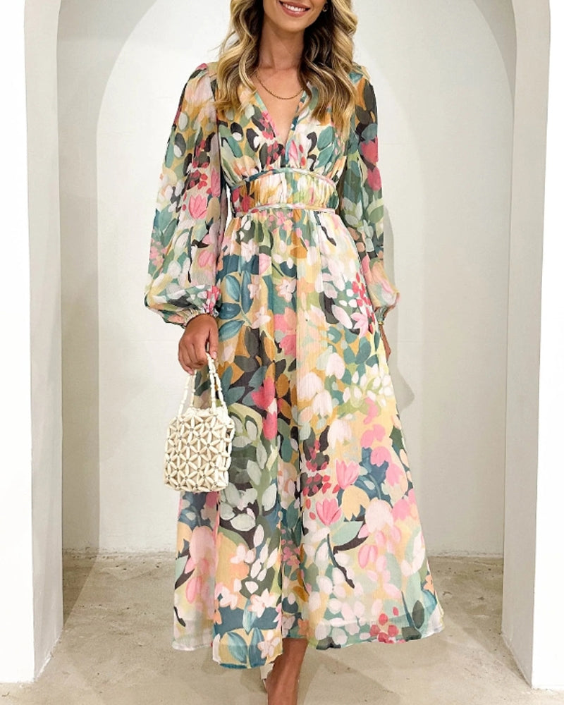 Robe bohème longue femme imprimé floral col V manches longues taille empire