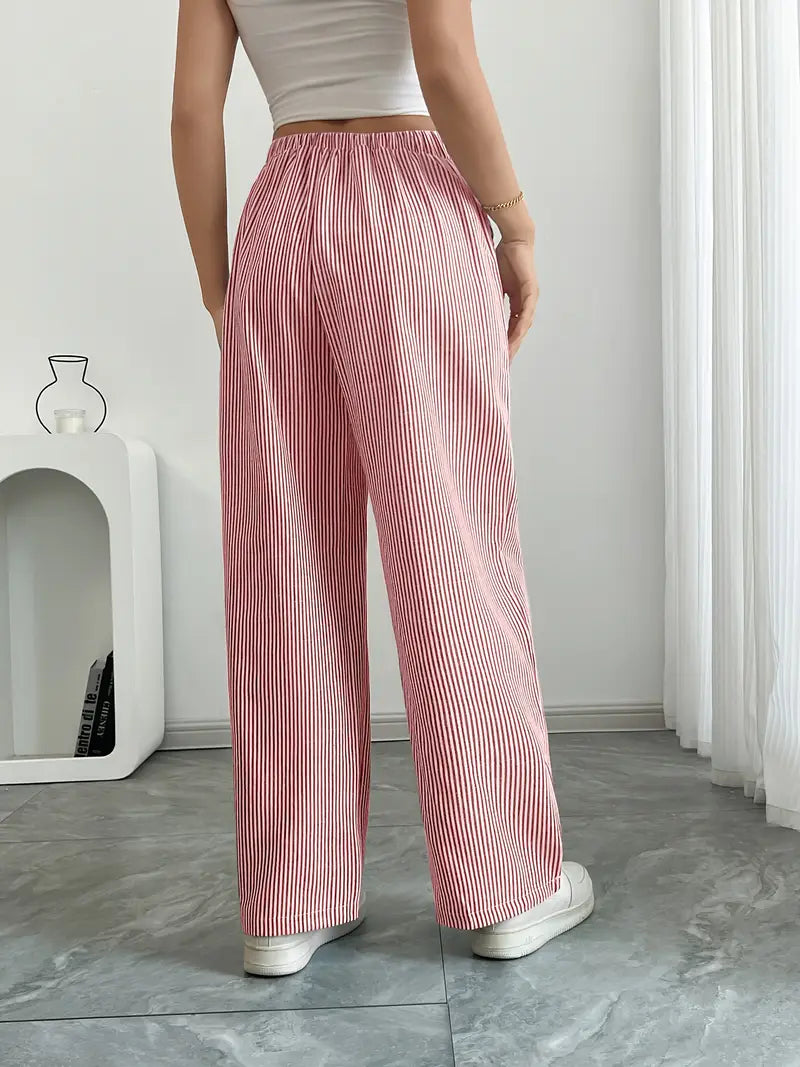 Pantalon large femme imprimé rayures taille élastique cordon poches fluide